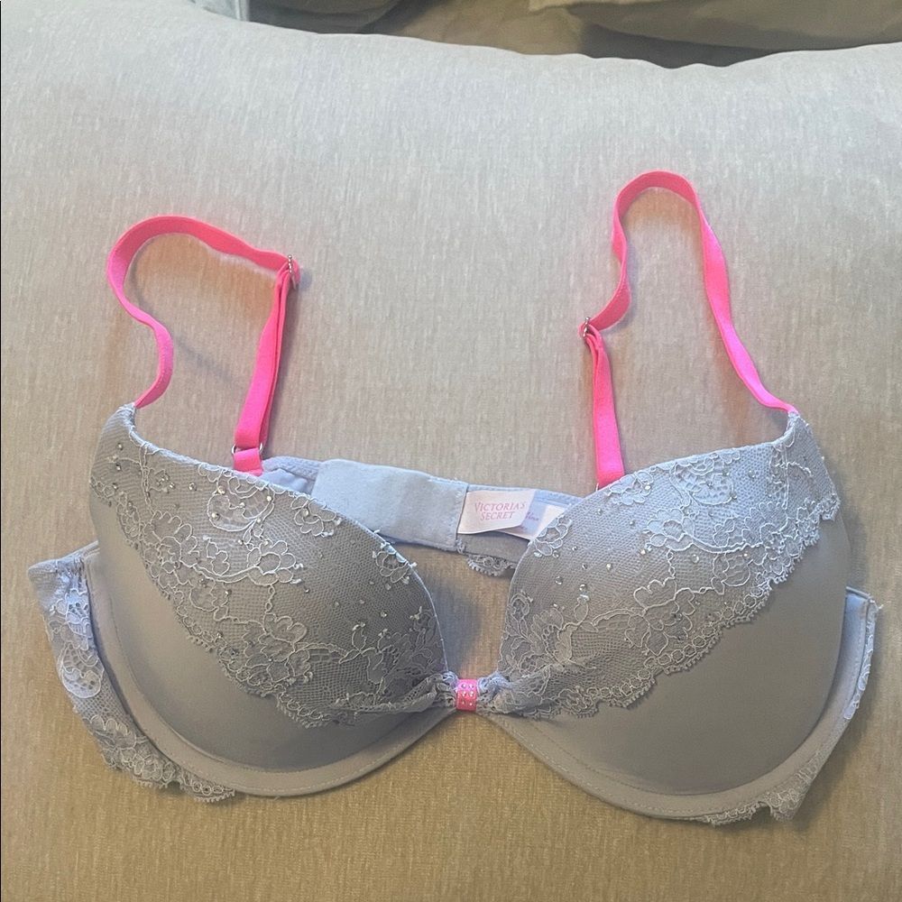 Victoria’s Secret Lavender Lace Trim and Rhinestone Bra with Pink Straps